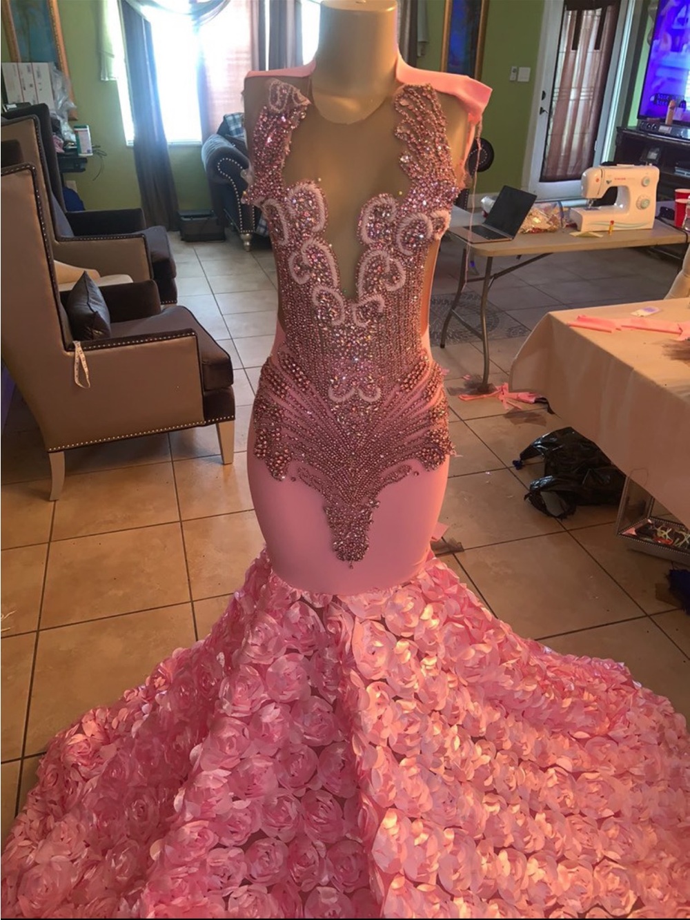 Pink Beaded Mermaid Evening Dress
